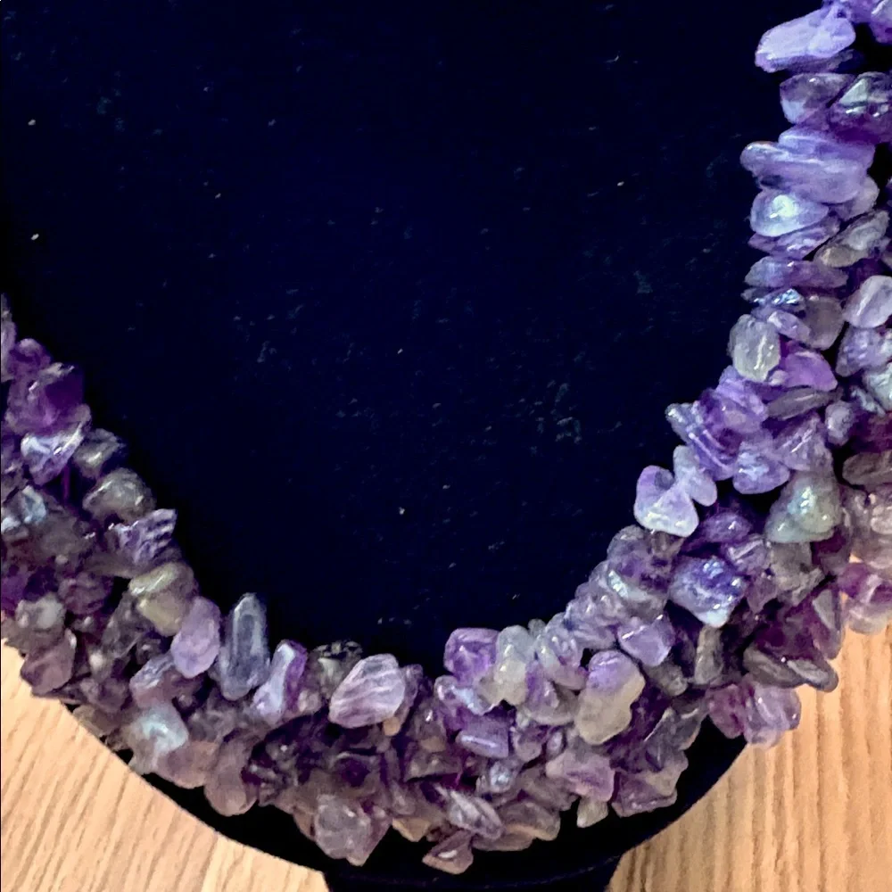 VINTAGE NATURAL PURPLE AMETHYST CLUSTERED CHIPS BIB TOGGLE CLASP 19" NECKLACE - Picture 3 of 9